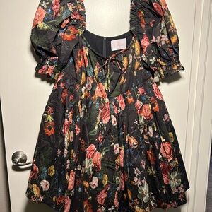 Selkie Black Mini Day Dress with Puff Sleeves and Square Neck